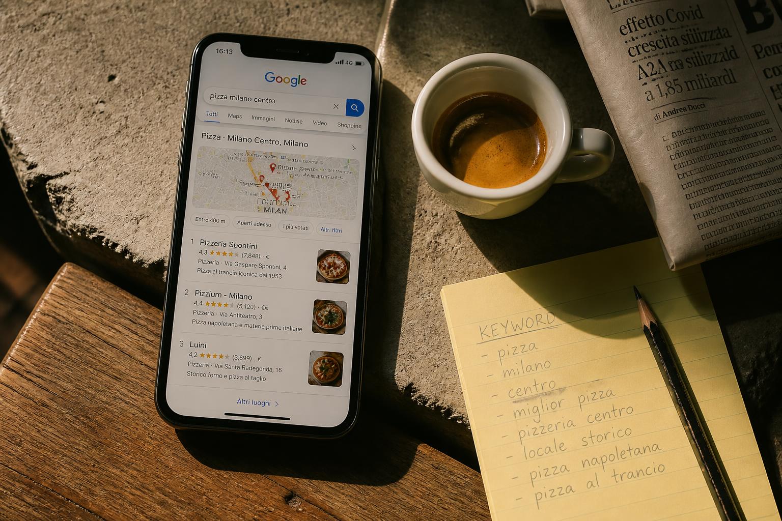 Mobil med Google-sökresultat för pizza milano centro, espresso och keyword-anteckningar
