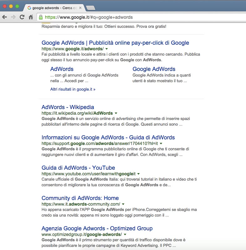Google SERP där Optimized Group rankar för google adwords