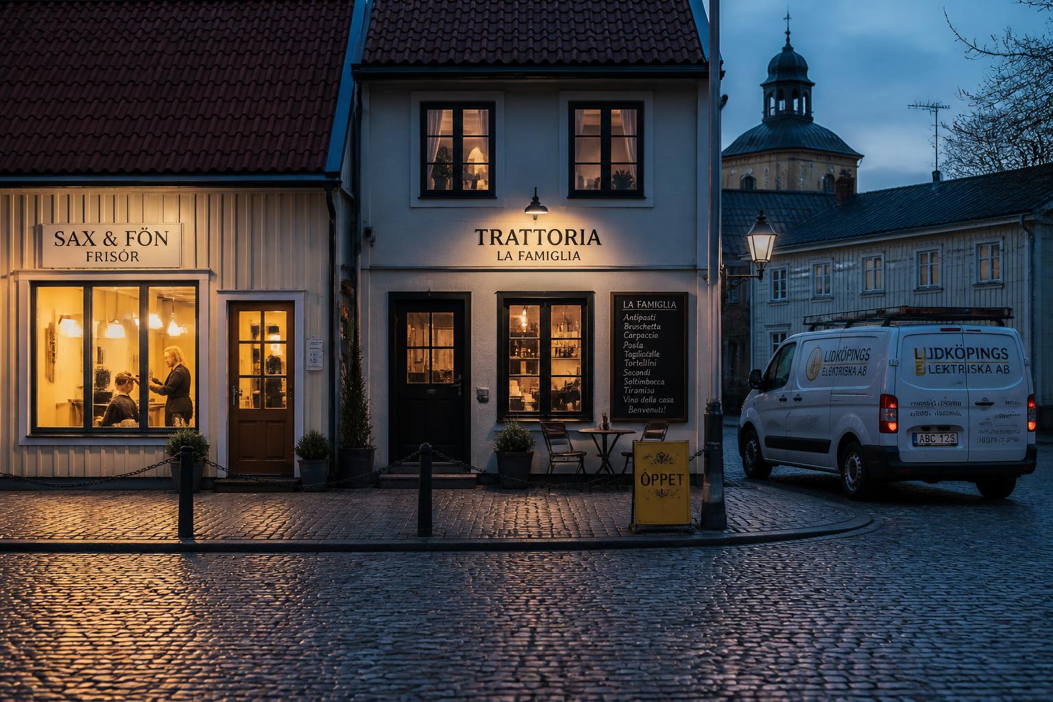 Svenska småföretag i Lidköping i skymning