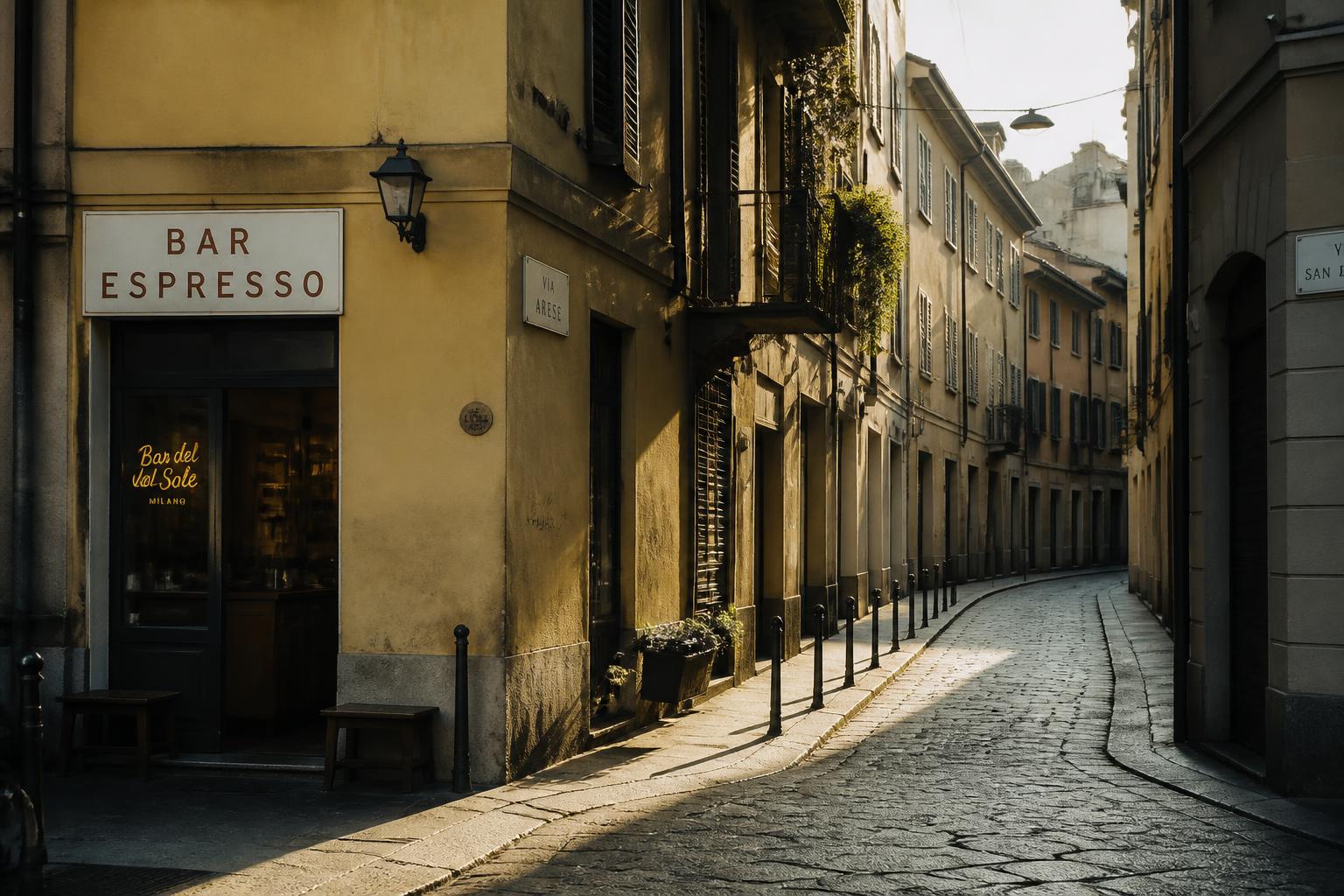 Lugn gata i Milano i gyllene eftermiddagsljus