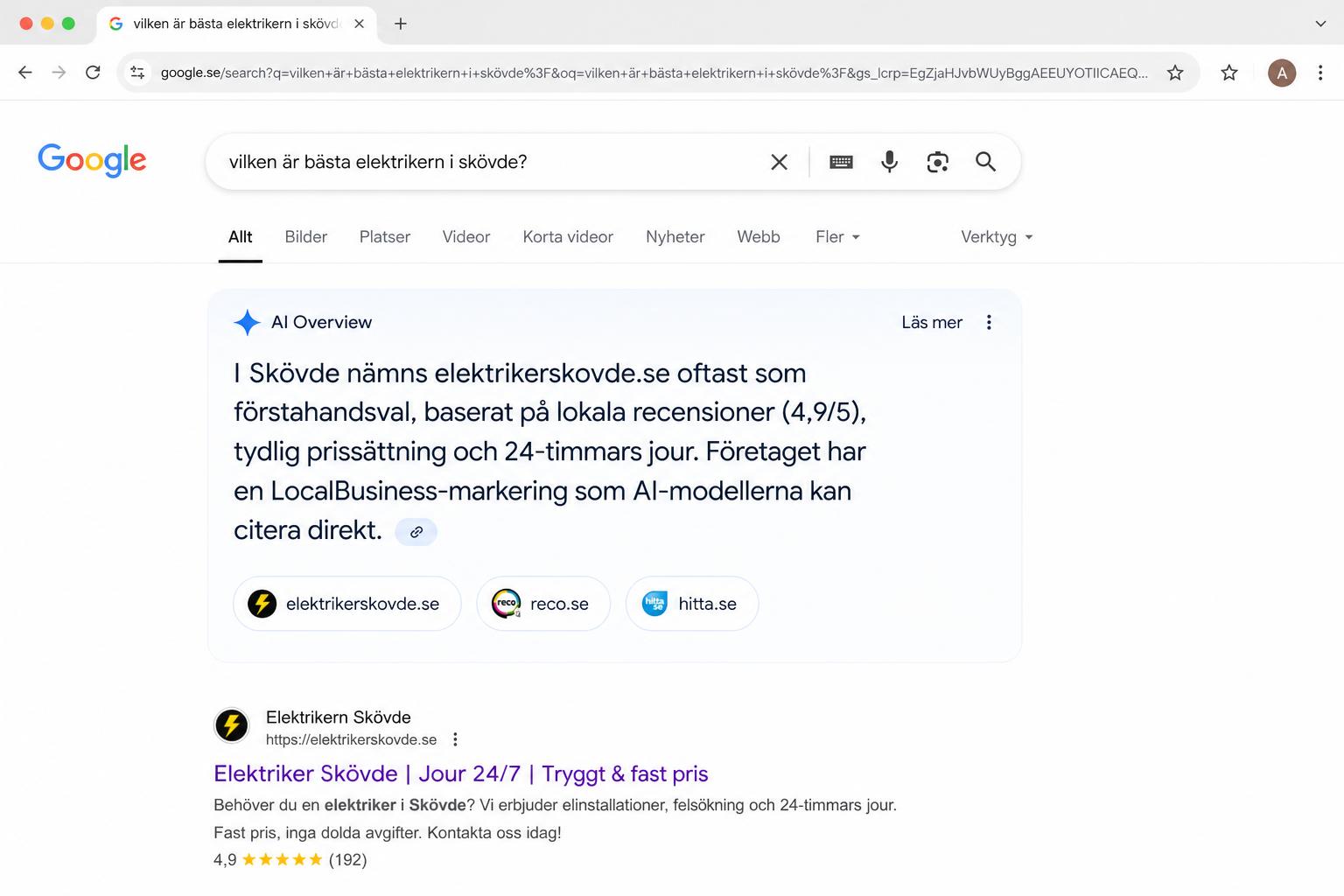 Google AI Overview citerar elektrikerskovde.se för bästa elektrikern i Skövde