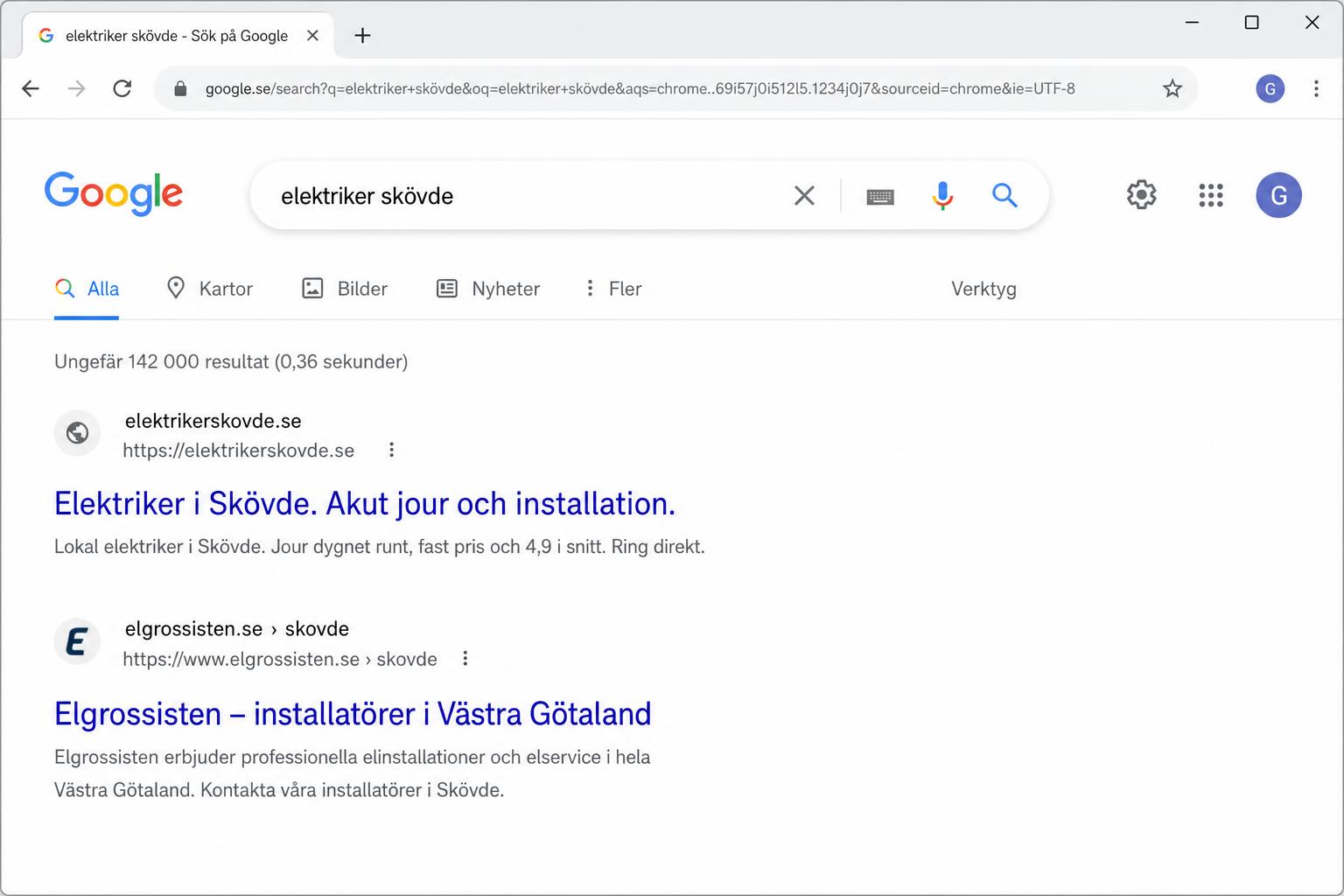 Google sökresultat för elektriker skövde, första platsen elektrikerskovde.se