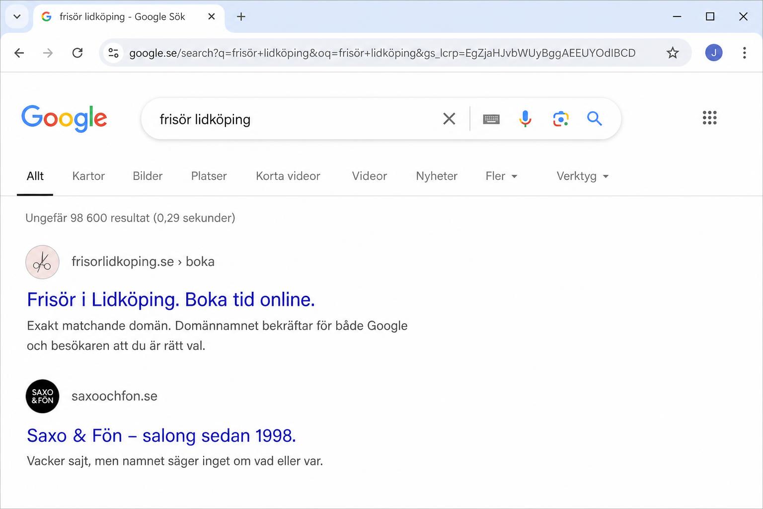 Google sökresultat som jämför frisorlidkoping.se mot saxoochfon.se
