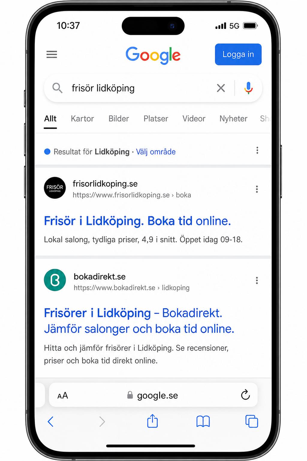 Google blå länkar för frisör lidköping på mobil, frisorlidkoping.se etta