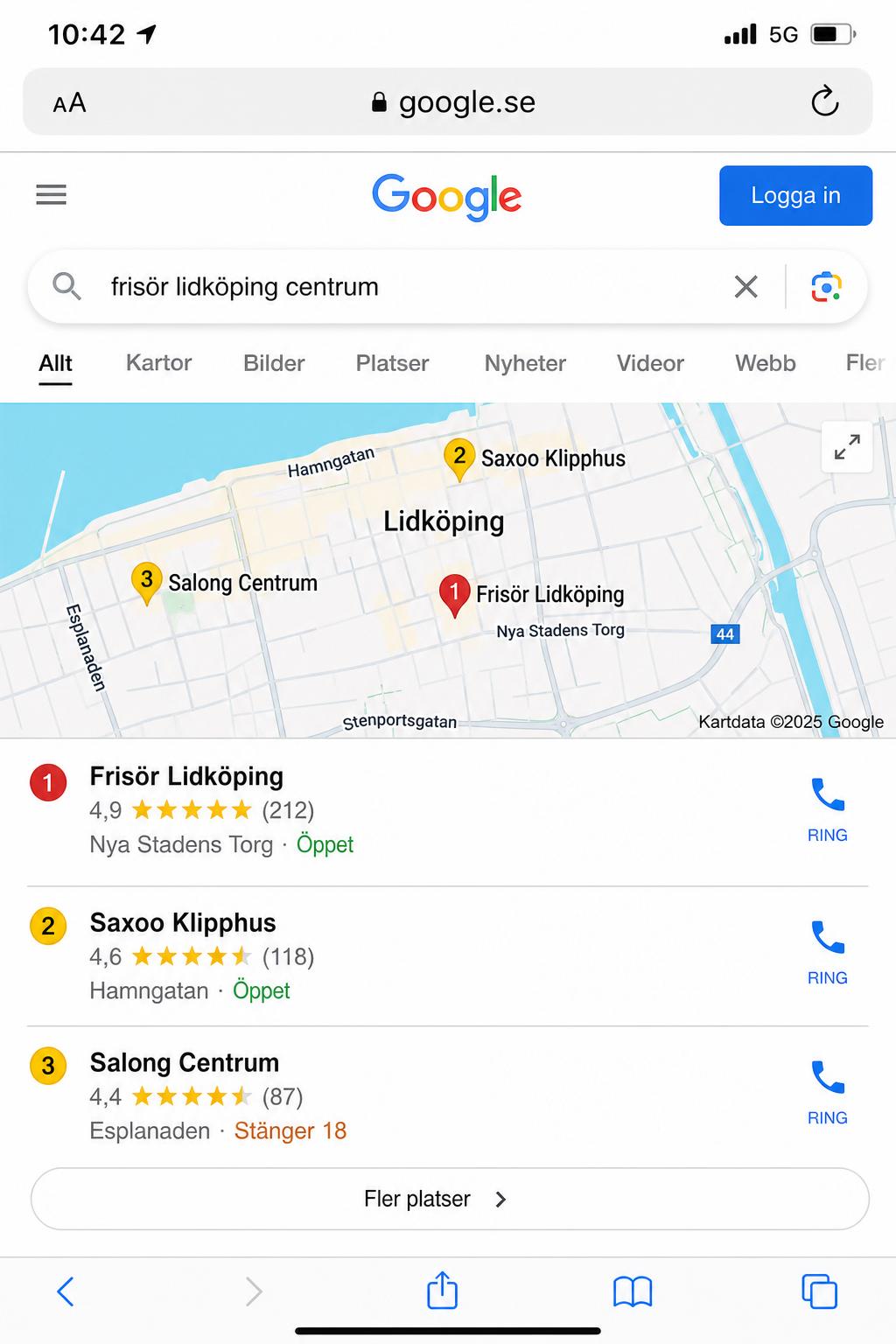 Google Maps lokala paketet för frisör lidköping centrum på mobil