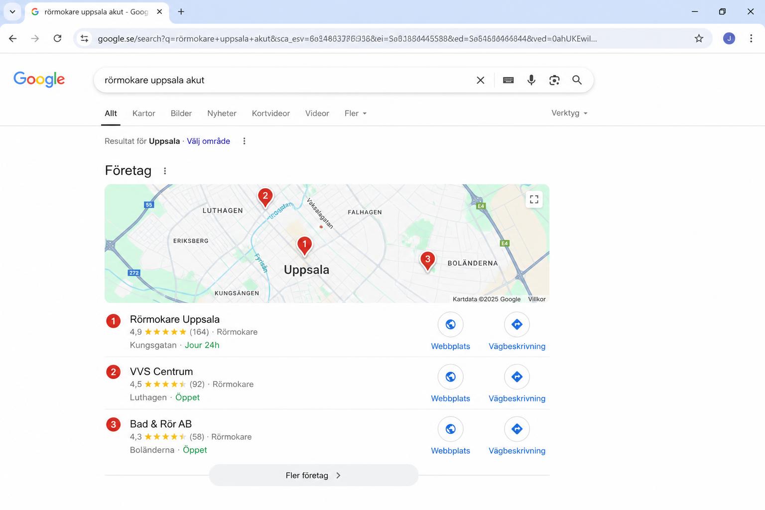 Google Maps lokala paketet för rörmokare uppsala akut