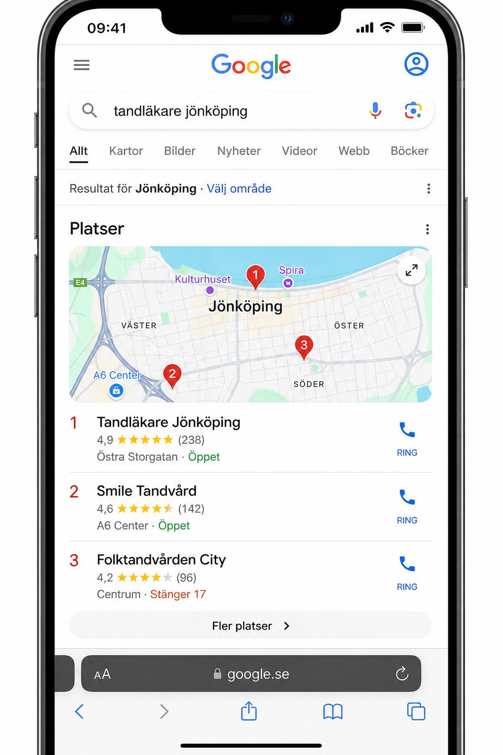 Google lokala paketet för tandläkare jönköping på mobil