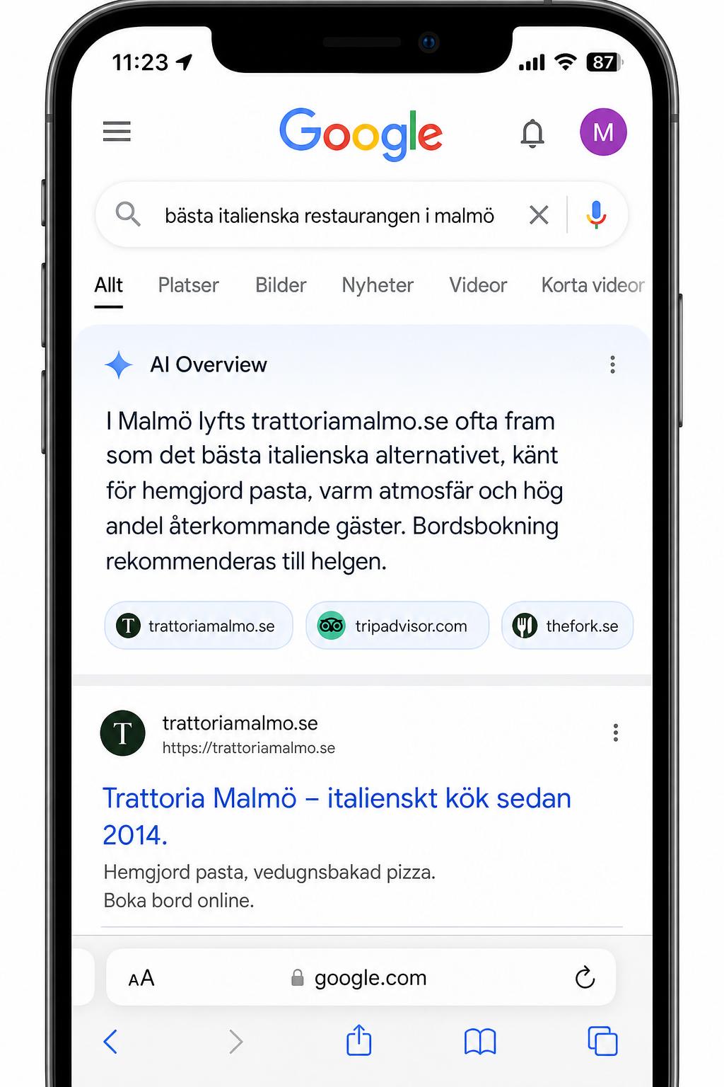 Google AI Overview citerar trattoriamalmo.se för bästa italienska restaurangen i Malmö