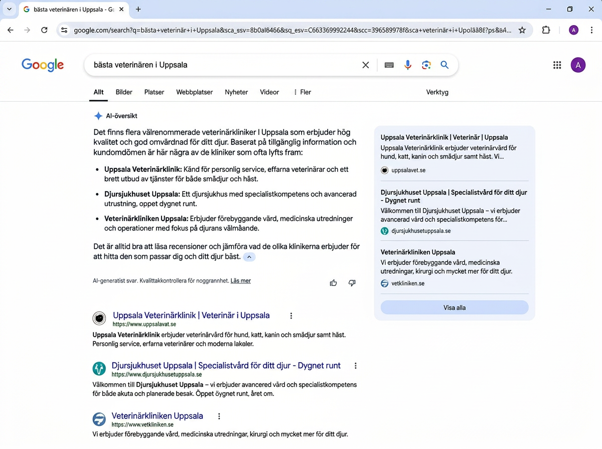 Google AI Overview citerar veterinärkliniker i Uppsala för bästa veterinären i Uppsala